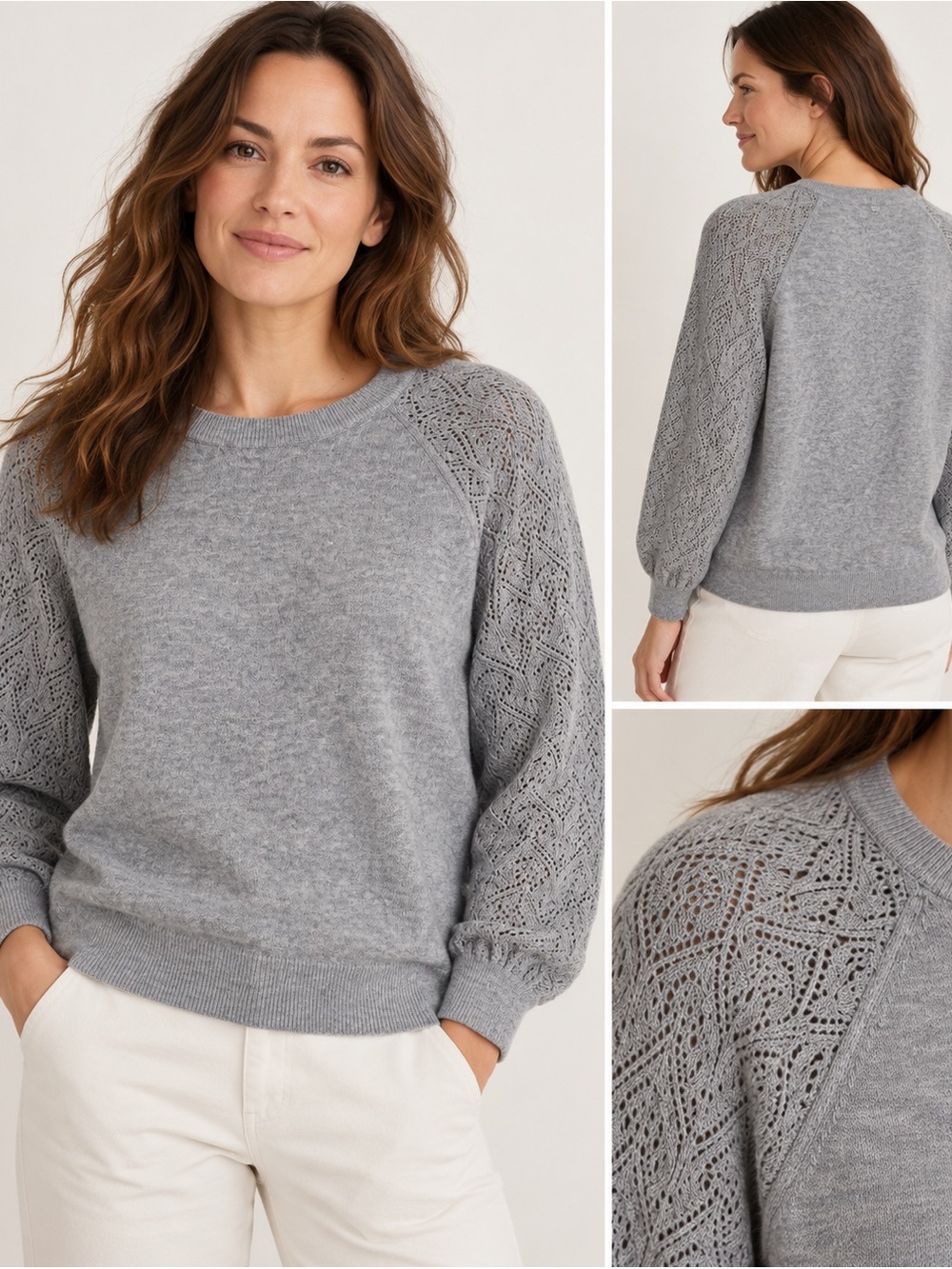 Garnet Hill Gray Alpaca Cotton Pointelle Sleeve Sweater S